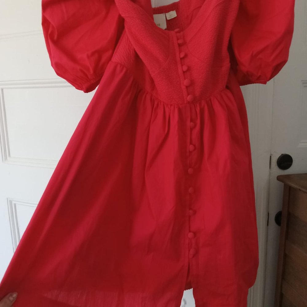 Anthropologie Red Puff-Sleeve Button Front Mini Dress - Picture 5 of 6